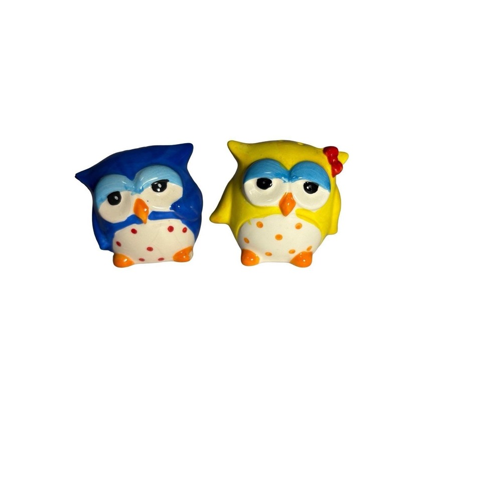 Vintage Sleepy Colorful Owl Salt And Pepper Shakers / Figurines 2" Spring FLAW